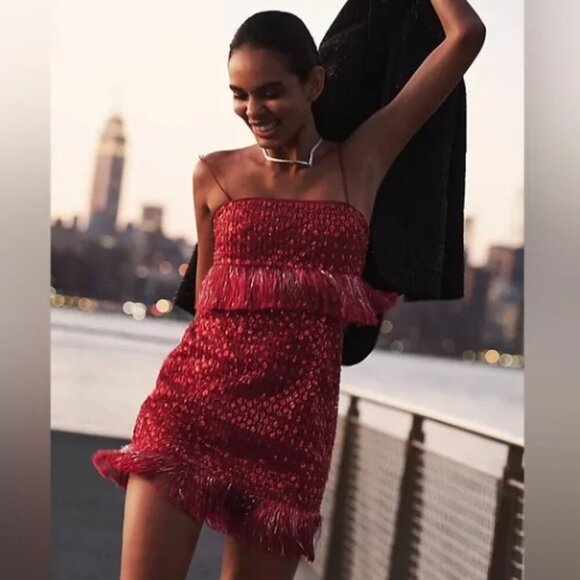 NWT Saylor Anthropologie Caitriona Red Sparkly Sequin Fringe Mini Dress Small - Picture 1 of 8